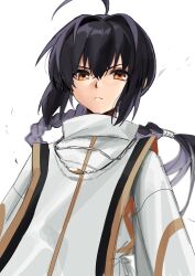 Rule 34 | 1other, ahoge, ambiguous gender, ameman, androgynous, black hair, braid, brown eyes, commentary request, fate/samurai remnant, fate (series), high collar, highres, japanese clothes, jewelry, long hair, low-tied long hair, necklace, yamato takeru (fate), shirt, solo, upper body, white background, white shirt