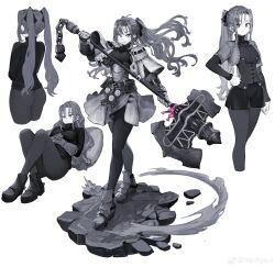 Rule 34 | 1girl, absurdres, ass, axe, buckle, corset, faux figurine, from behind, gauntlets, gloves, greyscale, hair ribbon, hand on own hip, highres, holding, holding axe, jun (navigavi), long hair, lying, monochrome, on back, original, pantyhose, ribbon, skirt, smile, solo, spot color, twintails, weibo logo, weibo watermark