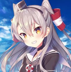 Rule 34 | 1girl, amatsukaze (kancolle), blue sky, brown dress, brown eyes, cloud, day, dress, grey neckerchief, grin, hair tubes, hat, kantai collection, lifebuoy, long hair, looking at viewer, mini hat, neckerchief, sailor collar, sailor dress, short dress, silver hair, sky, smile, solo, swim ring, tahya, two side up, upper body, white sailor collar