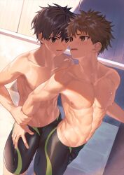 Rule 34 | 2boys, against wall, arm grab, ass, behind another, black male swimwear, brown eyes, brown hair, bulge, collarbone, commentary request, cowboy shot, day, eye contact, face-to-face, grabbing another&#039;s arm, hair between eyes, hand on another&#039;s thigh, hand up, highres, jammers, linea alba, looking at another, looking back, male focus, male swimwear, multiple boys, navel, nayoshi (r-744), nipples, original, outdoors, paid reward available, parted lips, pectorals, ribs, shade, shiny clothes, short hair, spiked hair, standing, sunlight, toned, toned male, wet male swimwear, yaoi