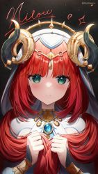 Rule 34 | 1girl, absurdres, black background, blush, brooch, character name, circlet, closed mouth, genshin impact, green eyes, hair over shoulder, has bad revision, has downscaled revision, highres, holding, holding hair, horns, jewelry, long hair, long sleeves, mash mayoru, md5 mismatch, neck ring, nilou (genshin impact), puffy long sleeves, puffy sleeves, raised eyebrows, red hair, resolution mismatch, shrug (clothing), solo, source smaller, twintails, twitter username, upper body, vambraces, veil