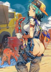 Rule 34 | 1girl, absurdres, aqua hair, ass, back, backpack, bag, bandages, blue eyes, blue sky, breasts, cloud, dirty, dirty clothes, dirty face, drum (container), ear piercing, gloves, hair ornament, hairclip, hammer, hat, highres, looking at viewer, motor vehicle, original, outdoors, overalls, pickup truck, piercing, short hair, sky, solo, soono (rlagpfl), spread legs, sweat, tattoo, teeth, truck, white gloves