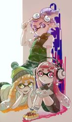 Rule 34 | + +, 1boy, 2girls, adjusting clothes, against wall, bad id, bad twitter id, beanie, bike shorts, blonde hair, blue eyes, blue hair, blue nails, blunt bangs, crossed arms, earrings, goggles, goggles on head, hat, head rest, headphones, hugging own legs, inkling, inkling boy, inkling girl, inkling player character, jewelry, knees up, layered clothes, layered sleeves, long sleeves, looking at viewer, lying, multiple girls, nail polish, nintendo, on stomach, on wall, open mouth, paint, pink eyes, pink hair, pink nails, ponytail, shoes, short hair with long locks, short over long sleeves, short sleeves, sidelocks, sitting, sneakers, sparkle, splatoon (series), splatoon 1, symbol-shaped pupils, tentacles, vest, yellow eyes, yellow nails, yuma jude