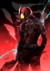 Rule 34 | 1boy, absurdres, armor, back, belt, bodysuit, dodo (bird), facing to the side, glowing, glowing eyes, highres, holding, holding sword, holding weapon, kamen rider, kamen rider 01 (series), kamen rider ikazuchi, lightning, male focus, power armor, red bodysuit, rider belt, signature, sword, taka-f, thighs, tokusatsu, weapon, yellow eyes