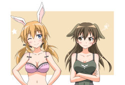 Rule 34 | 2girls, ;), alternate hairstyle, animal ears, blue eyes, blush, bow, bra, breasts, brown eyes, brown hair, charlotte e. yeager, cleavage, crossed arms, er34skyline, gertrud barkhorn, hair bow, hair down, hairstyle switch, highres, large breasts, long hair, multiple girls, navel, one eye closed, orange hair, rabbit ears, rabbit girl, smile, star (symbol), strike witches, twintails, underwear, wink, world witches series