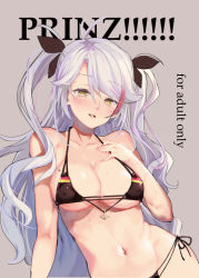 Rule 34 | 1girl, ababarion, antenna hair, arm support, armpit crease, azur lane, bikini, black bikini, blush, breasts, brown eyes, character name, cleavage, collarbone, covered erect nipples, flag print, german flag bikini, groin, hair between eyes, large breasts, long hair, looking at viewer, mole, mole on breast, multicolored hair, navel, parted lips, prinz eugen (azur lane), prinz eugen (unfading smile) (azur lane), red hair, ribbon, silver hair, simple background, sitting, smile, solo, stomach, streaked hair, sweat, swimsuit, two side up, very long hair