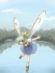 Rule 34 | 1girl, bad id, bad pixiv id, bow, daiyousei, dress, embodiment of scarlet devil, female focus, flying, full body, green eyes, green hair, hair ribbon, kakkou, lake, matching hair/eyes, open mouth, outstretched arms, ponytail, reflection, ribbon, ripples, short hair, side ponytail, smile, socks, solo, spread arms, standing, standing on one leg, touhou, water, wings