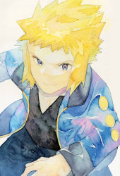 Rule 34 | 1boy, black shirt, blonde hair, blue eyes, blue jacket, closed mouth, commentary request, creatures (company), game freak, highres, jacket, long sleeves, looking at viewer, male focus, nintendo, open clothes, open jacket, pants, pokemon, pokemon dppt, shirt, short hair, smile, solo, spiked hair, twitter username, v-neck, volkner (pokemon), watermark, yamanashi taiki