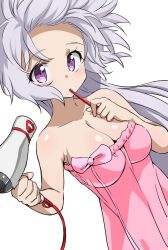 Rule 34 | 1girl, alternate hairstyle, bare shoulders, breasts, brushing teeth, chupirinko, cleavage, closed mouth, commentary, drying, drying hair, dutch angle, hair down, hair dryer, holding, large breasts, light purple hair, long hair, looking at viewer, pink towel, purple eyes, senki zesshou symphogear, simple background, solo, standing, toothbrush, toothpaste, towel, very long hair, white background, yukine chris