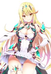 Rule 34 | 1girl, blonde hair, blush, breasts, cameltoe, cleavage, close-up, daive, earrings, elbow gloves, female focus, gloves, hand on own hip, highres, jewelry, large breasts, long hair, looking at viewer, matching hair/eyes, mythra (xenoblade), nintendo, panties, pantyshot, skindentation, smile, solo, sword, thigh strap, thighhighs, underwear, weapon, white gloves, xenoblade chronicles (series), xenoblade chronicles 2, xenoblade chronicles (series), xenoblade chronicles 2, yellow eyes