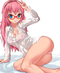 Rule 34 | 1girl, arm support, ass, bare legs, barefoot, bed, bespectacled, blue eyes, bra, breasts, cleavage, collarbone, female focus, glasses, hairband, imazon, leaning, legs, lingerie, long hair, looking at viewer, lying, medium breasts, megurine luka, on side, panties, parted lips, pink hair, red-framed eyewear, see-through, sitting, smile, solo, underwear, v, vocaloid