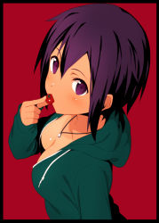 Rule 34 | 1girl, black border, blush, border, breasts, cherry tomato, cleavage, downblouse, hood, hoodie, jewelry, kinta (distortion), looking at viewer, mouth hold, naked hoodie, necklace, necktie, no bra, one-piece tan, original, purple eyes, purple hair, red background, short hair, simple background, solo, tan, tanline, tomato, upper body