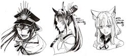 Rule 34 | 3girls, animal ear fluff, animal ears, breasts, closed mouth, fate/grand order, fate (series), greyscale, hair ornament, hat, looking at viewer, monochrome, multiple girls, neck ribbon, noz 2to, oda nobunaga (fate), oda nobunaga (koha-ace), oda uri, open mouth, parted bangs, peaked cap, ponytail, portrait, ribbon, simple background, small breasts, smile, suzuka gozen (fate), ushiwakamaru (fate)