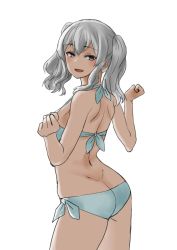 Rule 34 | 1girl, 30-06, ass, bad id, bad twitter id, bikini, blue eyes, butt crack, contrapposto, cowboy shot, from behind, highres, kantai collection, kashima (kancolle), long hair, looking at viewer, looking back, silver hair, simple background, smile, solo, swimsuit, wavy hair, white background, white bikini