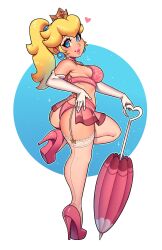 Rule 34 | 1girl, absurdres, ass, ass focus, blonde hair, blue eyes, bra, breasts, crown, earrings, elbow gloves, garter straps, gloves, high heels, highres, jewelry, lingerie, long hair, looking at viewer, mario (series), medium breasts, nintendo, open mouth, panties, ponytail, princess peach, ravenousruss, sideboob, skirt, smile, solo, super mario bros. 1, thick thighs, thighs, thong, underwear, white gloves