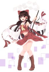 Rule 34 | 1girl, ascot, bad id, bad pixiv id, bare shoulders, blush, boots, bow, breasts, brown eyes, brown hair, cross-laced footwear, detached sleeves, full body, gohei, hair bow, hair tubes, hakurei reimu, highres, knees together feet apart, long hair, looking at viewer, mamiya ponkan, medium breasts, midriff, navel, open mouth, skirt, smile, solo, standing, touhou, white background, wide sleeves
