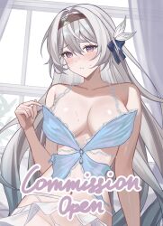 Rule 34 | 1girl, bare shoulders, black hairband, blue nails, breasts, chinoa, cleavage, collarbone, commentary, firefly (honkai: star rail), grey hair, hairband, highres, honkai: star rail, honkai (series), indoors, large breasts, long hair, nail polish, navel, purple eyes, revealing clothes, solo, stomach, upper body, very long hair
