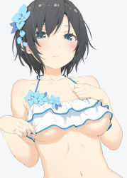 Rule 34 | 1girl, bare arms, bare shoulders, bikini, bikini day, black hair, blue eyes, blue flower, blush, breasts, closed mouth, collarbone, commentary request, eyebrows hidden by hair, flower, grey background, hair between eyes, hair flower, hair ornament, halterneck, highres, kani biimu, looking at viewer, medium breasts, navel, original, simple background, solo, sweat, swimsuit, underboob, upper body, white bikini