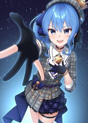 Rule 34 | 1girl, absurdres, black gloves, blue eyes, blue hair, gloves, hat, highres, hololive, hoshimachi suisei, looking at viewer, open mouth, side ponytail, solo, takochan77, virtual youtuber