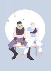 Rule 34 | 2boys, abs, absurdres, battle tendency, black hair, blonde hair, blue eyes, blue shirt, boots, brown hair, caesar anthonio zeppeli, chest protector, crop top, facial mark, feather hair ornament, feathers, fingerless gloves, flower, frs635, gloves, green eyes, green scarf, hair ornament, headband, highres, holding, holding flower, jojo no kimyou na bouken, joseph joestar, joseph joestar (young), knee pads, male focus, midriff, multiple boys, scarf, shirt, sitting, striped clothes, striped scarf, t-shirt, triangle print