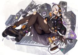 Rule 34 | 1girl, amplifier, black dress, black footwear, black jacket, black pantyhose, blue eyes, boots, braid, commentary, commentary request, dress, electric guitar, english commentary, fingerless gloves, floating, gloves, guitar, headphones, hetaren (ramark), highres, instrument, jacket, keyboard (instrument), kizuna akari, long hair, long sleeves, looking at viewer, low twintails, megaphone, microphone, mixed-language commentary, open clothes, open jacket, open mouth, orange gloves, pantyhose, short dress, silver hair, solo, speaker, thighband pantyhose, torn clothes, torn pantyhose, twin braids, twintails, very long hair, voiceroid