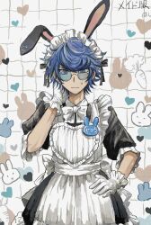 Rule 34 | 1boy, alternate costume, animal ears, apron, artist name, black dress, blue-tinted eyewear, blue eyes, blue hair, bow, bowtie, carrot, closed mouth, collared dress, commentary request, crossdressing, dress, enmaided, facial hair, fake animal ears, frilled gloves, frills, glasses, gloves, goatee stubble, hand on own hip, hand up, hashi (84 rainco), heart, highres, looking at viewer, maid, maid apron, maid headdress, male focus, male maid, master detective archives: rain code, name tag, puffy sleeves, rabbit, rabbit ears, round eyewear, scratching head, short hair, solo, stubble, tinted eyewear, white apron, white bow, white bowtie, white gloves, yakou furio