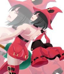 Rule 34 | 1girl, arc system works, ass, back, black hair, boots, breasts, choker, dress, electric guitar, female focus, fingerless gloves, from behind, gloves, green eyes, guilty gear, guilty gear xx, guitar, hat, highres, holding guitar, holding instrument, i-no, instrument, kuroi no, large breasts, leather, leather boots, lipstick, looking at viewer, looking back, makeup, open mouth, red hat, short dress, short hair, simple background, solo, thigh boots, thighhighs, topless, witch hat, zoom layer