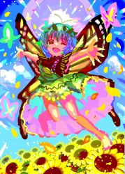 Rule 34 | 1girl, antennae, aqua hair, bad anatomy, bad perspective, barefoot, butterfly wings, dress, eternity larva, fairy, flower, full body, green dress, green eyes, hair between eyes, highres, insect wings, kotonoman, leaf, leaf on head, multicolored clothes, multicolored dress, one-hour drawing challenge, one eye closed, open mouth, outstretched arms, short hair, short sleeves, smile, solo, spread arms, sunflower, touhou, wings, yellow flower