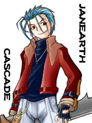 Rule 34 | 1boy, bayonet, belt, blue hair, coat, earrings, gloves, grin, janus cascade, jewelry, male focus, necklace, okota (humisyo), pants, red eyes, shirt, simple background, smile, solo, spiked hair, weapon, white background, wild arms, wild arms 3