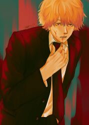 Rule 34 | 1boy, black jacket, black necktie, black pants, blonde hair, blood, blood on clothes, blood on hands, chainsaw man, collared shirt, denji (chainsaw man), formal, hand in pocket, highres, jacket, looking to the side, male focus, necktie, nenashibito, nosebleed, open mouth, pants, shirt, shirt tucked in, short hair, solo, suit, suit jacket, white shirt