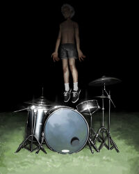 Rule 34 | 1boy, absurdres, bass guitar, black background, black footwear, black shorts, blank eyes, commentary, cymbals, drum, drum set, english commentary, floating, grass, highres, horror (theme), instrument, navel, nipples, original, outdoors, shoes, short hair, shorts, socks, solo, tofuneers, topless male, white hair