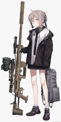 Rule 34 | 1girl, astg, backpack, bag, black neckwear, black skirt, blush, bolt action, brown footwear, brown hair, brown jacket, cheytac m200, closed mouth, collared shirt, commentary, dress shirt, ear protection, full body, girls&#039; frontline, grey background, gun, hair between eyes, highres, holding, holding bag, holding gun, holding weapon, jacket, long hair, low ponytail, m200 (girls&#039; frontline), name connection, object namesake, off shoulder, open clothes, open jacket, pleated skirt, ponytail, purple eyes, rifle, scope, shirt, shoes, simple background, skirt, sniper rifle, socks, solo, standing, watermark, weapon, web address, white shirt, white socks