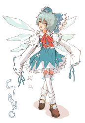 Rule 34 | 1girl, absurdres, ahoge, blue dress, blue eyes, blue hair, blush stickers, bow, brown footwear, character name, chestnut mouth, cirno, crossed legs, dress, frilled bow, frilled dress, frills, hair between eyes, hair bow, hair ornament, highres, ice, ice wings, leg warmers, open mouth, red bow, ribbon-trimmed sleeves, ribbon trim, short hair, sleeves past fingers, sleeves past wrists, thick eyebrows, thighhighs, touhou, watson cross, white background, wide sleeves, wings, wwparasi, x hair ornament, zettai ryouiki
