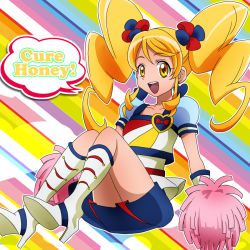 Rule 34 | 10s, 1girl, alternate form, blonde hair, boots, brooch, character name, cheering, cure honey, cure honey (popcorn cheer), earrings, english text, eyelashes, hair ornament, happinesscharge precure!, happy, heart, heart brooch, high heels, jewelry, knee boots, kneehighs, long hair, looking at viewer, magical girl, masako (sabotage-mode), multicolored clothes, multicolored skirt, oomori yuuko, open mouth, pom pom (cheerleading), precure, puffy sleeves, shirt, skirt, smile, socks, solo, twintails, yellow eyes