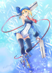 Rule 34 | 1girl, beret, black thighhighs, blazblue, blonde hair, bolverk, boots, breasts, detached sleeves, dress, full body, gloves, green eyes, hat, holding, holding weapon, necktie, noel vermillion, small breasts, solo, thighhighs, weapon, white gloves, yuuka seisen