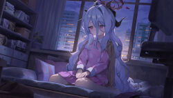Rule 34 | 1girl, absurdres, ahoge, bed, bedroom, blue archive, bookshelf, building, cloud, cloudy sky, commentary request, curtains, demon girl, demon horns, hair between eyes, halo, highres, hina (blue archive), hina (pajamas) (blue archive), horns, indoors, jacket, jacket on shoulders, long bangs, long hair, long sleeves, night, night sky, official alternate costume, official alternate hairstyle, pajamas, pink pajamas, polka dot, polka dot pajamas, purple eyes, shijiuuuuuuu, sidelocks, sky, skyline, skyscraper, slippers, solo, white hair, window, yellow jacket