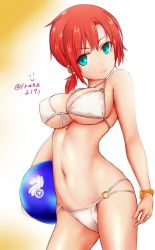 Rule 34 | 1girl, aqua eyes, ball, beachball, bikini, boudica (fate), breasts, closed mouth, fate/grand order, fate (series), franz (217franz), front-tie bikini top, front-tie top, gradient background, head tilt, highres, large breasts, looking at viewer, multi-strapped bikini bottom, navel, o-ring, o-ring bottom, orange background, red hair, short hair, sideboob, skindentation, smile, solo, swimsuit, twintails, twitter username, underboob, white bikini, wide hips