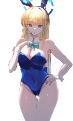 Rule 34 | 1girl, absurdres, animal ears, asaki (asaki vision), bare shoulders, blonde hair, blue archive, blue eyes, blue leotard, breasts, cleavage, covered navel, detached collar, earrings, fake animal ears, groin, halo, hand on own chest, hand on own hip, headset, highres, jewelry, large breasts, leotard, looking at viewer, official alternate costume, playboy bunny, rabbit ears, simple background, solo, stud earrings, thigh gap, toki (blue archive), toki (bunny) (blue archive), white background, wrist cuffs