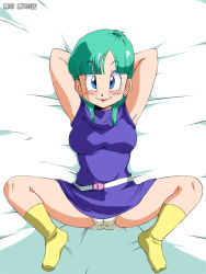 Rule 34 | 1girl, alternate hairstyle, amedama akihito, armpits, arms up, bed, belt, blue eyes, blush, breasts, bulma, closed mouth, dragon ball, dragon ball (classic), dress, earrings, feet, female focus, from above, full body, green hair, groin, jewelry, legs, lipstick, looking at viewer, lying, makeup, medium breasts, old school academy, panties, pantyshot, purple dress, red lips, sleeveless, smile, socks, solo, spread legs, stud earrings, thighs, underwear, white background