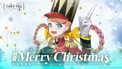Rule 34 | 1girl, aiguillette, bow, braid, buttons, double-breasted, epaulettes, gloves, green eyes, hair bow, hat, jacket, lam (ramdayo), long hair, looking at viewer, merry christmas, nutcracker (takt op.), official art, orange hair, peaked cap, red jacket, single epaulette, smile, star (symbol), takt op., twin braids, very long hair, white gloves, yellow bow