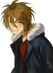 Rule 34 | 1boy, absurdres, black jacket, blonde hair, commentary request, film grain, fur-trimmed jacket, fur trim, green eyes, grin, hair between eyes, highres, isoi reiji, jacket, kng roo, korean commentary, long sleeves, male focus, open clothes, open jacket, red shirt, saibou shinkyoku, sanpaku, shirt, short hair, simple background, smile, solo, upper body, white background