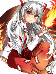 Rule 34 | 1girl, bad id, bad pixiv id, baggy pants, bow, buttons, closed mouth, collared shirt, commentary request, fire, fujiwara no mokou, hair between eyes, hair bow, highres, hime cut, long hair, long sleeves, looking at viewer, pants, red eyes, red pants, shirt, sidelocks, silver hair, sitting, solo, suspenders, suzuka (nonnonsuzuki20), touhou, very long hair, white shirt