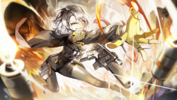 1girl black_footwear black_jacket black_pants bluebeel2 commentary english_commentary explosion explosive full_body girls&#039;_frontline girls&#039;_frontline_2:_exilium gloves grenade grenade_pin grey_hair gun highres holding holding_gun holding_weapon jacket kriss_vector pants parted_lips short_hair smile solo submachine_gun suppressor teeth vector_(girls&#039;_frontline) weapon yellow_eyes yellow_gloves