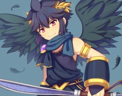 Rule 34 | 1boy, angel, angel wings, armband, armlet, black hair, blurry, blurry background, bow (weapon), dark pit, feathered wings, feathers, grin, holding, holding bow (weapon), holding weapon, kid icarus, kid icarus uprising, laurel crown, looking at viewer, male focus, nintendo, red eyes, simple background, smile, solo, weapon, wings, wusagi2