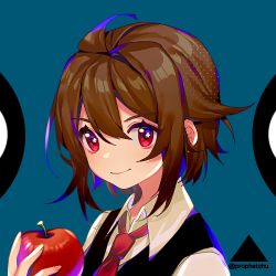 Rule 34 | &gt;:), 1girl, ahoge, apple, black vest, blue background, blush, brown hair, closed mouth, collared shirt, copyright request, food, fruit, hair between eyes, hand up, holding, holding food, holding fruit, lowres, prophet chu, red apple, red eyes, red neckwear, shirt, smile, solo, symbol in eye, twitter username, upper body, v-shaped eyebrows, vest, white shirt