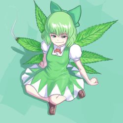 Rule 34 | 1girl, alternate color, alternate costume, alternate element, alternate wings, arm support, bloodshot eyes, bow, bowtie, breasts, brown footwear, burning, cirno, closed mouth, colored sclera, commentary, dress, drugged, english commentary, female focus, full body, green bow, green dress, green eyes, green hair, green wings, hair bow, hapa cirno, highres, leaf wings, loafers, marijuana, pinafore dress, profitshame, puffy short sleeves, puffy sleeves, red bow, red bowtie, revision, shoes, short hair, short sleeves, sitting, sleeveless dress, small breasts, smirk, smoke, solo, stoned, touhou, wings