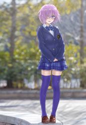 Rule 34 | 1girl, alternate costume, black-framed eyewear, blazer, blue jacket, blue skirt, blue thighhighs, blurry, blurry background, blush, bow, bowtie, brown footwear, buttons, collared shirt, commentary request, fate/grand order, fate (series), floating hair, full body, glasses, hair over one eye, highres, jacket, light purple hair, long sleeves, looking at viewer, mash kyrielight, miniskirt, one eye covered, open mouth, outdoors, own hands together, plaid, plaid bow, plaid skirt, pocket, purple eyes, school uniform, shirt, short hair, skirt, sleeves past wrists, smile, solo, thighhighs, uniform, white shirt, yuekuratsu, zettai ryouiki