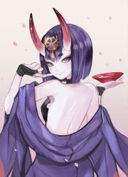 Rule 34 | alpaca carlesi, bare back, bare shoulders, black hair, choker, commission, fate/grand order, fate (series), gloves, hair ornament, looking at viewer, looking back, purple eyes, purple hair, short hair, shuten douji (fate), solo, straight hair, upper body
