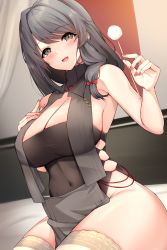 Rule 34 | 1girl, azur lane, blush, breast curtains, breasts, charybdis (azur lane), charybdis (red chamber of healing) (azur lane), cleavage, curvy, grey eyes, grey hair, highres, indoors, large breasts, long hair, looking at viewer, mimikaki, no panties, official alternate costume, on bed, open mouth, ranju aira, sitting, sleeveless, smile, solo, thick thighs, thighhighs, thighs, white thighhighs