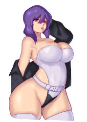 Rule 34 | 1girl, belt, breasts, collarbone, cowboy shot, freddyhalloween, ghost in the shell, jacket, jacket partially removed, kusanagi motoko, large breasts, leotard, lips, looking at viewer, medium hair, purple eyes, purple hair, solo, thighhighs, white background, wide hips